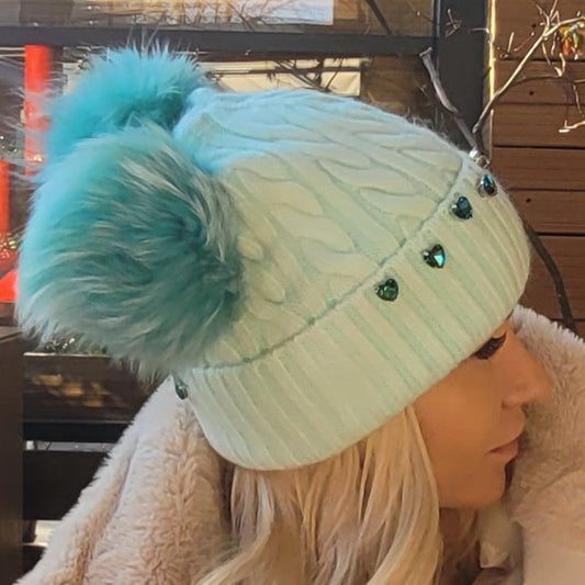 Winter Green/Blue Pom Poms Hat