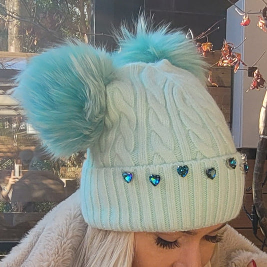 Winter Green/Blue Pom Poms Hat